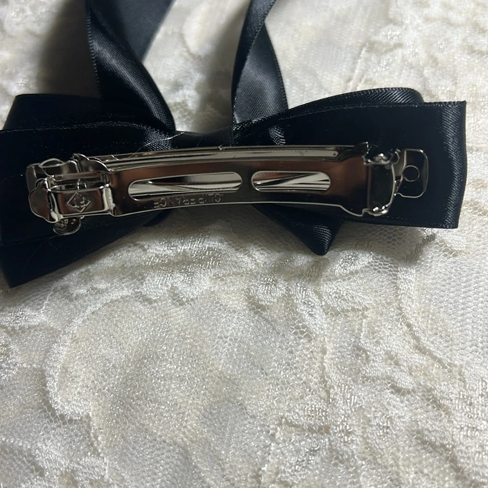 Satin Silk Hair Bow Barrette With Flowing Tails - Black 7-inch flowing tails